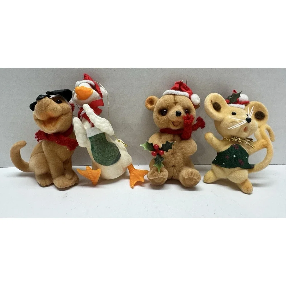 VTG Flocked Animal Christmas Ornament Lot Duck Goose Dog Bear Mouse Lot of 4